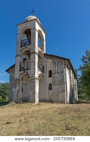 Panoramic view of Medieval church near tomb of Yane Sandanski in Rozhen village, Blagoevgrad region, Bulgaria