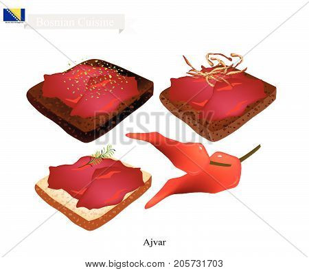Bosnian Cuisine, Illustration of Ajvar or Traditional Spread Sauce Made of Red Bell Peppers, Eggplant and Garlic. One of The Most Famous Dish in Bosnia and Herzegovina.