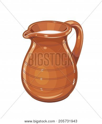 Ceramic jug with milk. Fictile tableware. Capacity for drink. Isolated white background. Vector illustration.