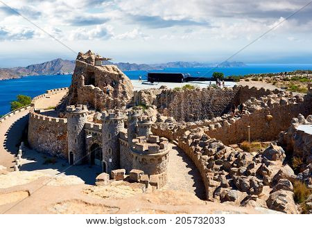 Cartagena Spain - September 10 2017: Tourists at the Castillitos Battery. Massive guns that defended Cartagena Bay. Murcia. Spain