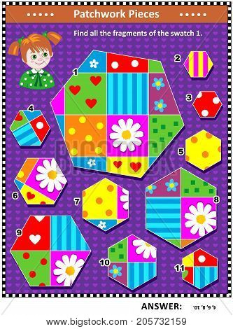 Quilting or patchwork themed IQ training visual puzzle (suitable both for kids and adults): Find all the fragments of the picture 1. Answer included.