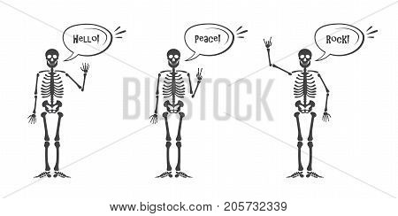 Skeleton hand gestures set: ok, finger up, finger down, fist, middle finger, Rock n roll horns, clapping palms and other emoji. Human skeleton posing isolated on white background vector illustration