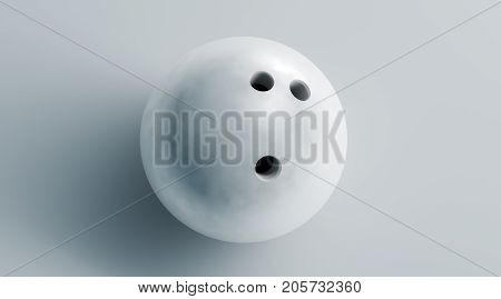 Blank white bowling ball mock up top view 3d rendering. Empty bowl game sphere mockup isolated. Clear leisure sport equipment design template. Plain shiny orb with 3 holes for recreation activity.