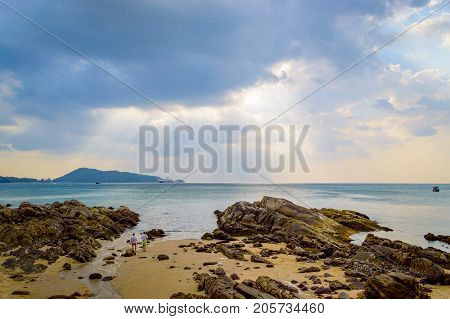 Rocky Beach At Sunset. Beautiful Gold Sundown At Rocky Coast. Selective Focus