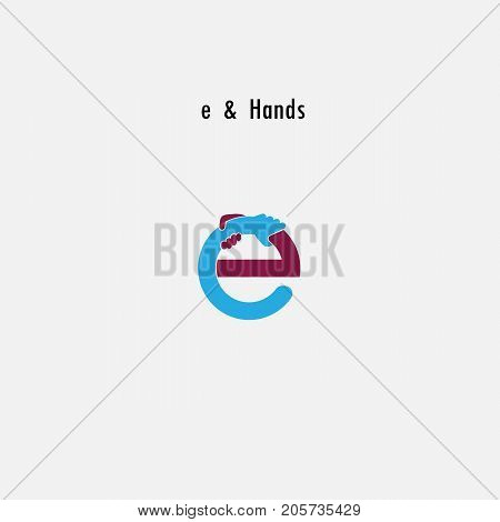 e- Letter abstract icon and hands logo design vector template.Business offer and partnership symbol.Hope and help concept.Support and teamwork sign.Corporate business and education logotype symbol.Vector illustration