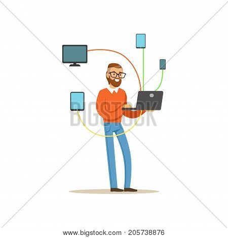 Engineer system IT administrator servicing the computer system, networking service vector illustration isolated on a white background