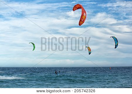 January 25 2014 Los Barriles Mexico: kite-boarders on the sea at the 'Lord of the Wind' kite surf competition