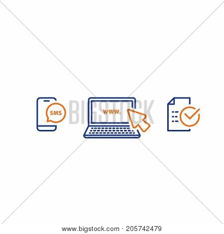 Online services, phone message notification, receive authentication code, send sms, web site promotion, internet marketing, fill up form list, advertising concept, vector line icons
