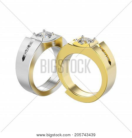 3D illustration isolated two yellow gold and silver men signet diamond rings on a white background