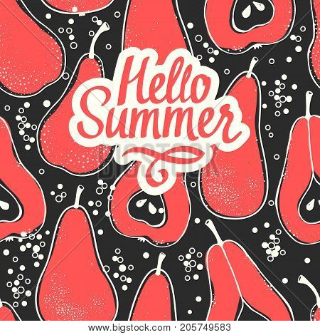 Seamless nature pattern with sketch of fruit. Red vector background with pear. Tropical food. Hello summer.