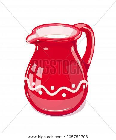 Red Ceramic jug with milk. Fictile tableware. Capacity for drink. Isolated white background. Vector illustration.