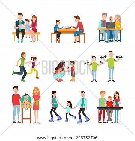 Parents teach kid read, play chess, use computer, go jogging, show flower, do exercise, feed baby, go roller-skating, play piano vector illustrations.