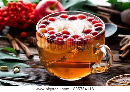 Herbal tea with cranberries, apple, giner, lemon, cinnamon and thyme in a glass. Warming tea, healthy fruit infused tea