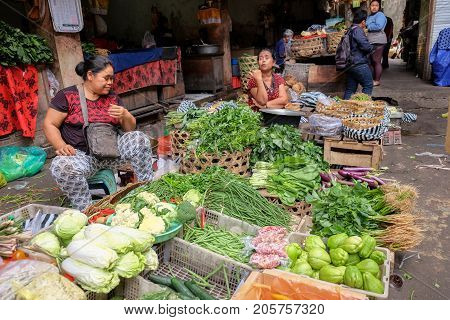 Bali Indonesia - September 9 2017 : Pasar Kumbasari Morning market flowersfruit and vegetable market. Ubud Bali Indonesia