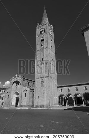 Forli (Emilia Romagna Italy): the Aurelio Saffi square with church of San Mercuriale and other historic buildings. Black and white