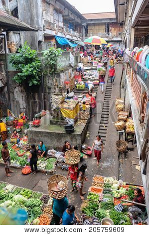 Bali Indonesia - September 9 2017 : Pasar Kumbasari Morning market flowersfruit and vegetable market. Ubud Bali Indonesia