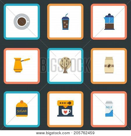 Flat Icons Ibrik, Sweetener, Coffeemaker And Other Vector Elements