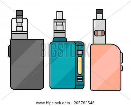 Vape device vector set cigarette vaporizer vapor juice vape bottle flavor illustration battery coil. Trend new culture electronic nicotine liquid. Smoking atomizer device e-liquid.