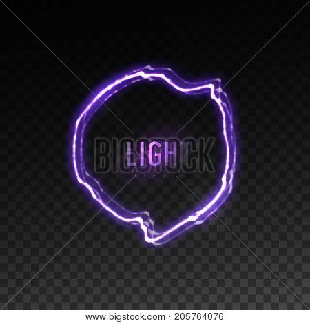Visual electricity effect. Glowing energy discharge isolated on dark checkered transparent background. Vector vfx illustration. Lightning frame. Game development concept.