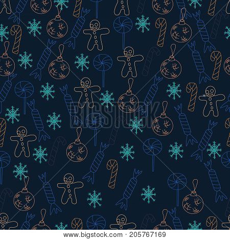 Seamless Christmas background. Hand drawn pattern with gingerman fir trees snowflakes.