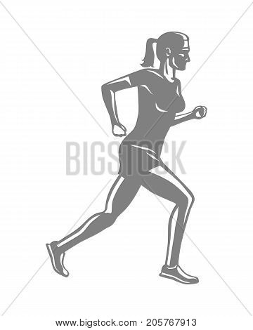 Silhouette of sportive running woman on white. Logo design vector illustration of fast female person in speed motion. Colourless icon of movement for sport lifestyle in cartoon style flat design