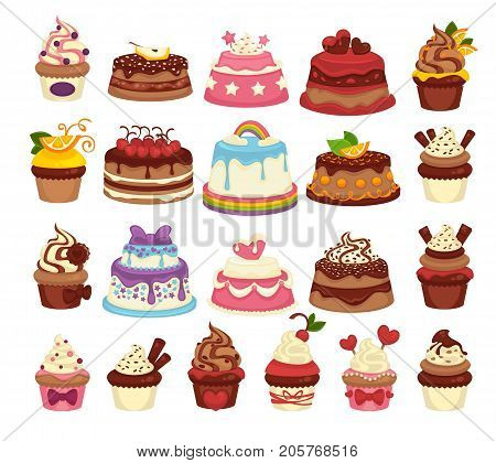 Amazing festive cakes and tasty cupcakes with natural chocolate and tender sweet cream of unusual design decorated with fruits isolated cartoon flat vector illustrations set on white background.