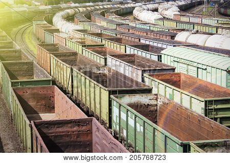 Many different of empty wagons. Railway transport