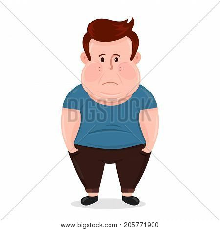 Vector flat illustration young man character with a obesity icon. excess weight problem, fat, health care, unhealthy lifestyle concept design. Isolated on white background