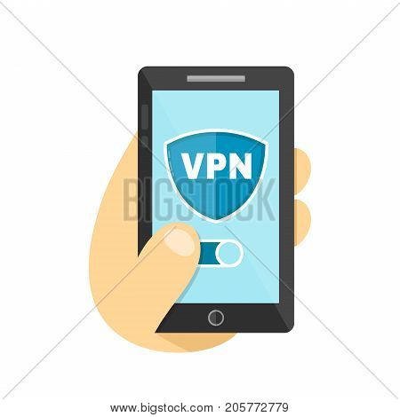 Hand hold smartphone with VPN app. Vector flat modern style illustration icon design. Isolated on white background. VPN protect safety internet wifi concept