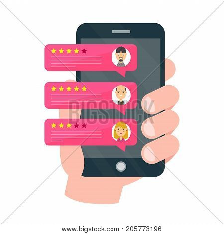 Rate our app flat concept. Hand holds smartphone.Vector modern style cartoon character illustration avatar icon design.Review rating bubble speeches on mobile. notifications, feedback messages concept