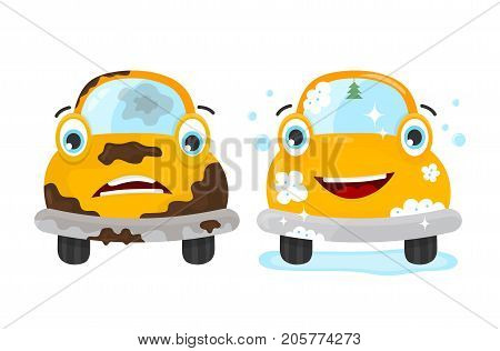 Dirty and clean car set. Vector flat modern style illustration character icon design. Isolated on white background. Car wash services, auto cleaning concept