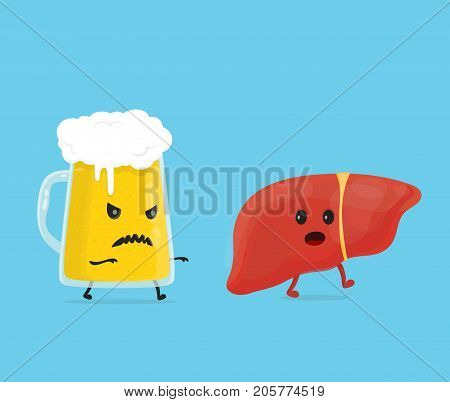 alcohol kill liver. Stop drink concept. glass of beer kill liver. Vector flat cartoon character illustration