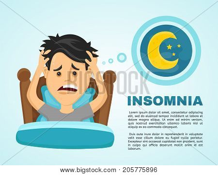 Insomnia infographic.Young man suffers from lack of sleep. Vector flat modern style illustration character icon design. Isolated on white background.  Healthy care, bad body balance, insomnia concept