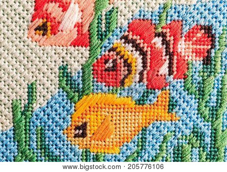 Needlepoint of various tropical fish using a variety of stitches.