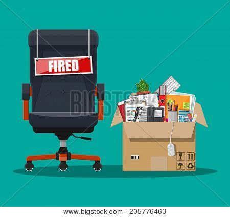 Leather chair with fired word plate and cardboard box with office things. Hiring and recruiting. Human resources management concept searching professional staff work. Vector illustration in flat style