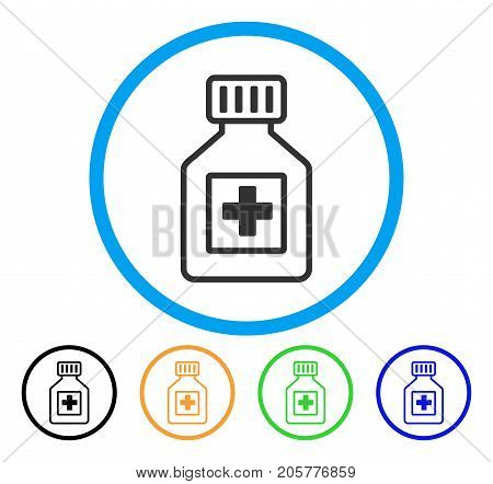 Pharmacy Vial rounded icon. Style is a flat pharmacy vial grey symbol inside light blue circle with black, yellow, green, blue color versions. Vector designed for web and software interfaces.