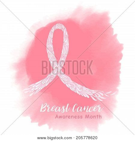 Breast cancer awareness month decorative pink ribbon on watercolor background. Stock line vector illustration.