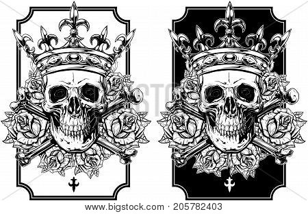 Graphic realistic black and white detailed human skull with crossed bones crown and roses with spikes vector set
