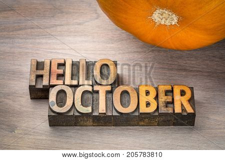hello October greeting card - letterpress wood type blocks against grained wood with a pumpkin