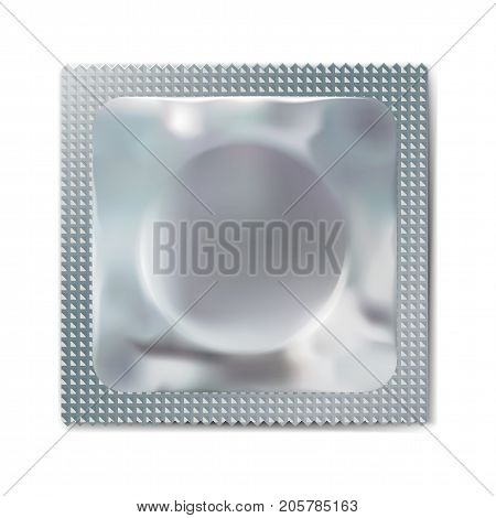 Condom wrapper package silver blank template, packaging foil isolated on white. Mock up of packaging for condoms, vector illustration of condom for protection.