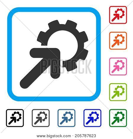 Integration Cog icon. Flat grey iconic symbol inside a light blue rounded rectangle. Black, gray, green, blue, red, orange color additional versions of Integration Cog vector.