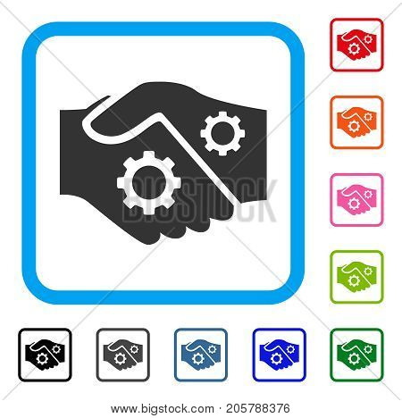 Smart Contract Handshake icon. Flat gray pictogram symbol in a light blue rounded rectangular frame. Black, gray, green, blue, red, orange color additional versions of Smart Contract Handshake vector.