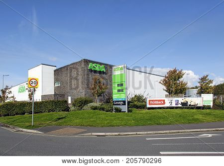 Swansea, UK: September 19, 2017: Asda Supermarket. Asda Stores Limited is an American-owned, British-founded supermarket retailer, headquartered in Leeds, West Yorkshire.