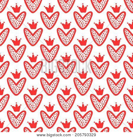 Hearts with crowns drawn by hand. Cute seamless pattern. Sketch Doodle graffiti. Red silhouettes on white background. Vector illustration.