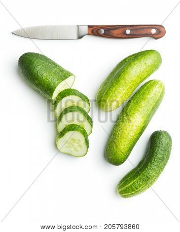 Fresh sliced cucumber isolated on white background. Cucumber and knife.