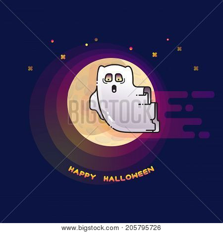 Happy Halloween card with funny flying ghost spirit and full Moon. Cute cartoon ghost on dark background. Vector illustration.
