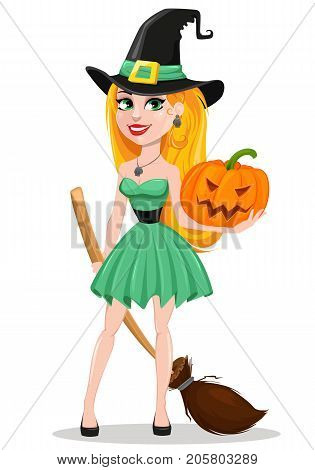 Halloween greeting card. Beautiful lady witch wearing pilgrim hat and holding broom and pumpkin. Cartoon character on white background. Vector stock