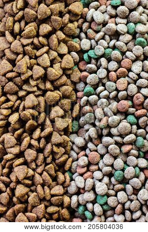 Top view of dry pet food background.