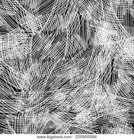 Vector seamless pattern brush stripped. White color on black background. Hand painted grange texture. Ink geometric elements. Fashion modern style. Endless fantasy plaid fabric print