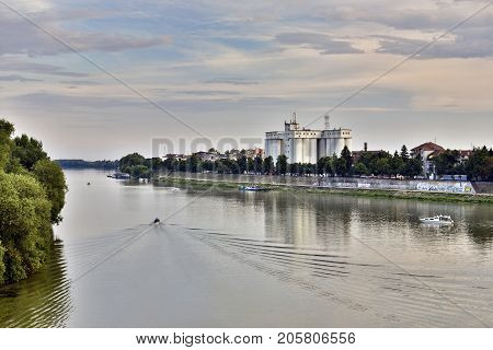 Beautiful landscape with Tisa river and Senta town in Serbia.